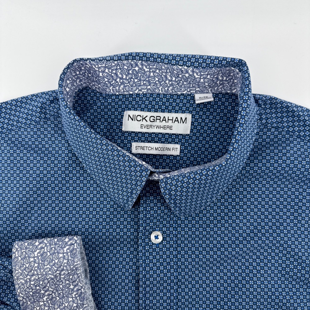 Nick Graham Everywhere Men's Blue Geometric Print‎ Stretch Modern Fit Shirt XL - Picture 2 of 8